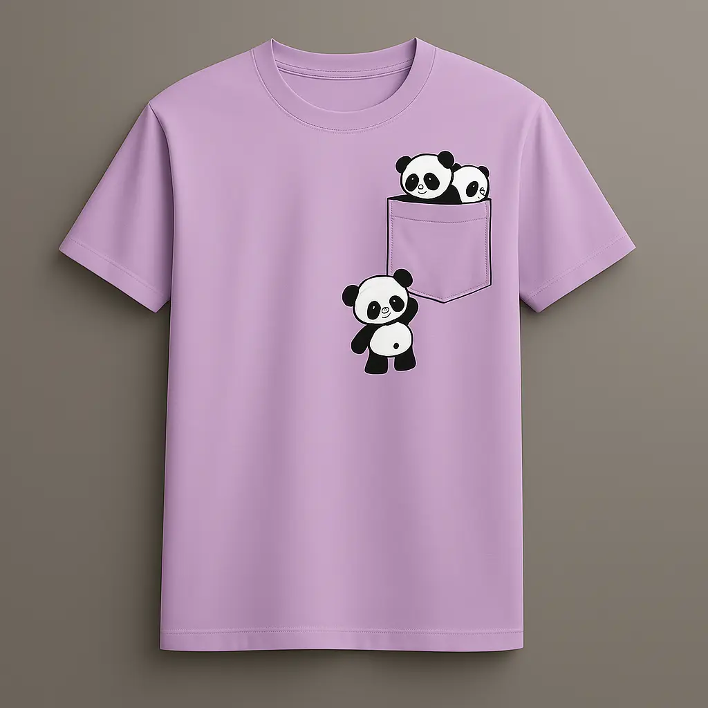 Cute Panda Printed On Pocket Pure Cotton T-Shirt For Women